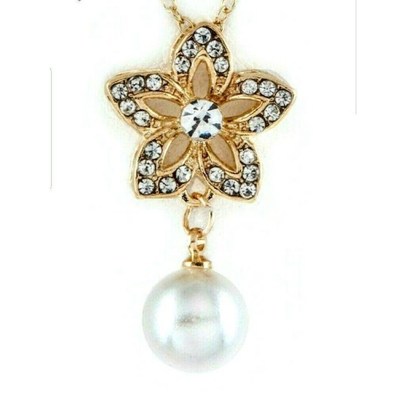Necklace Set with Earrings Crystal Flower + Pearl - Picture 1 of 3